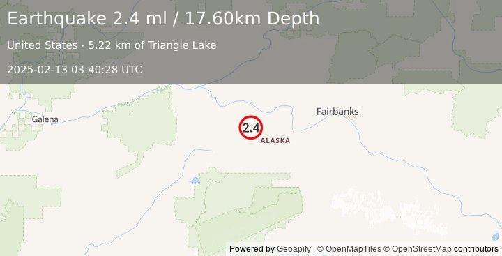 Earthquake 44 km SSE of Manley Hot Springs, Alaska (2.4 ml) (2025-02-13 03:40:28 UTC)