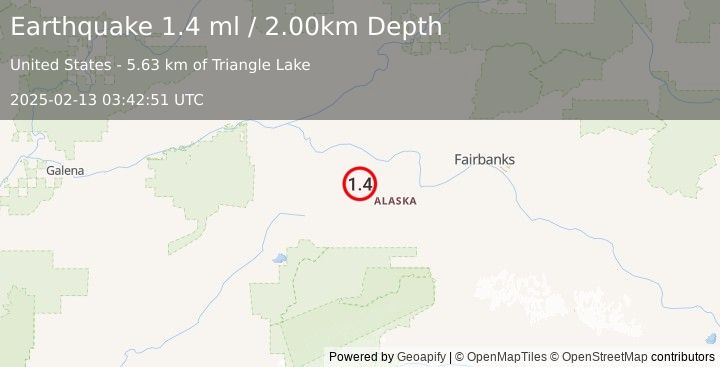 Earthquake 44 km S of Manley Hot Springs, Alaska (1.4 ml) (2025-02-13 03:42:51 UTC)