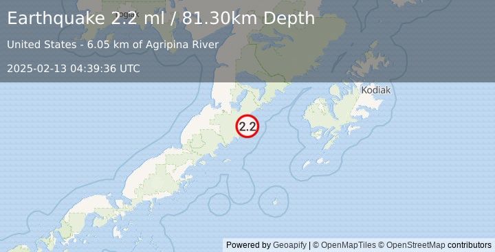 Earthquake 66 km SE of Ugashik, Alaska (2.2 ml) (2025-02-13 04:39:36 UTC)