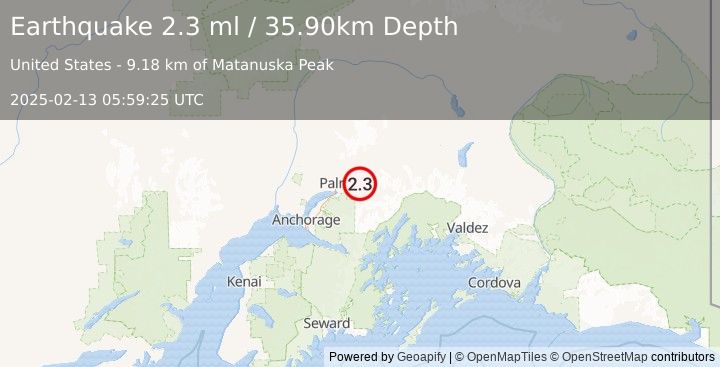 Earthquake 12 km ESE of Lazy Mountain, Alaska (2.3 ml) (2025-02-13 05:59:25 UTC)