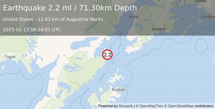 Earthquake 77 km WSW of Nanwalek, Alaska (2.2 ml) (2025-02-13 08:34:01 UTC)