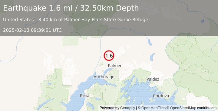 Earthquake 27 km NW of Fishhook, Alaska (1.6 ml) (2025-02-13 09:39:51 UTC)