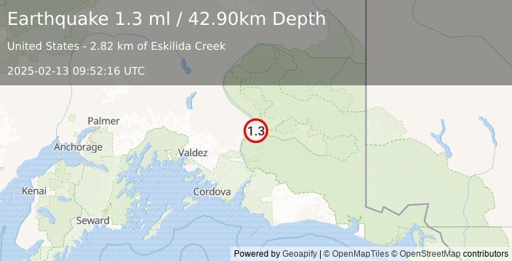 Earthquake 7 km SSE of Chitina, Alaska (1.3 ml) (2025-02-13 09:52:16 UTC)