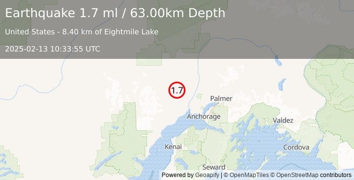 Earthquake 28 km SE of Skwentna, Alaska (1.7 ml) (2025-02-13 10:33:55 UTC)