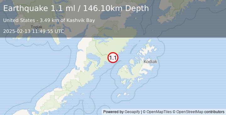 Earthquake 53 km NW of Karluk, Alaska (1.1 ml) (2025-02-13 11:49:55 UTC)