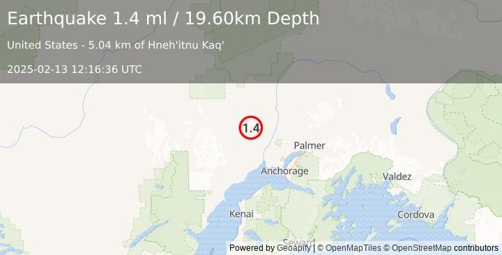 Earthquake 27 km ESE of Skwentna, Alaska (1.4 ml) (2025-02-13 12:16:36 UTC)