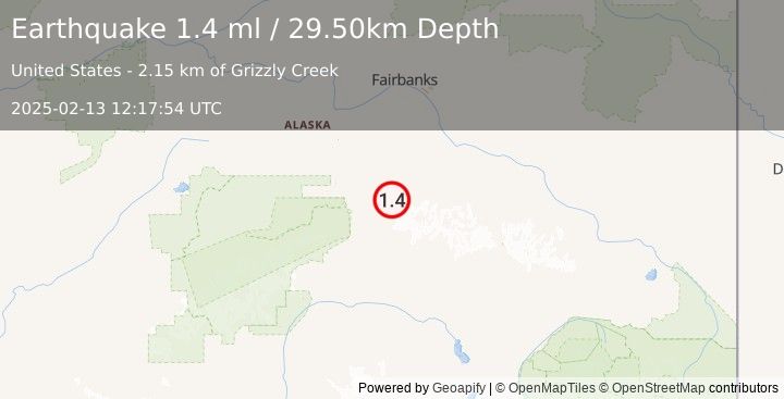 Earthquake 46 km E of Denali Park, Alaska (1.4 ml) (2025-02-13 12:17:54 UTC)