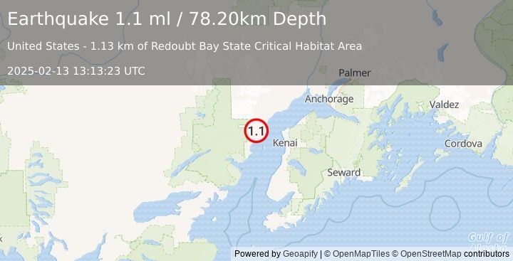 Earthquake 46 km W of Nikiski, Alaska (1.1 ml) (2025-02-13 13:13:23 UTC)