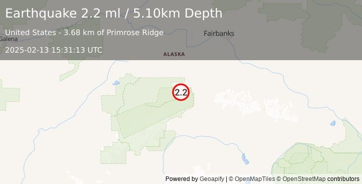 Earthquake 22 km W of Denali Park, Alaska (2.2 ml) (2025-02-13 15:31:13 UTC)