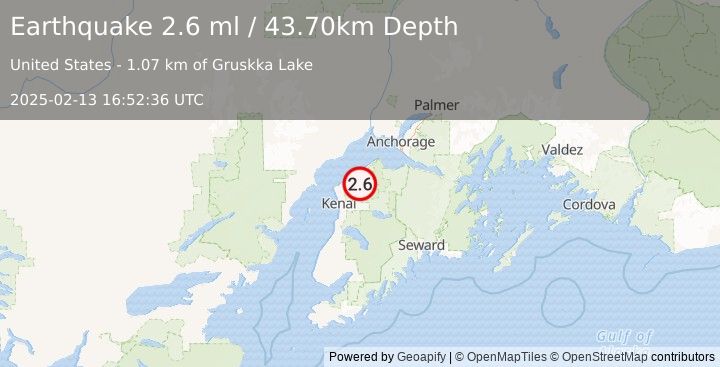 Earthquake 18 km SSW of Point Possession, Alaska (2.6 ml) (2025-02-13 16:52:36 UTC)