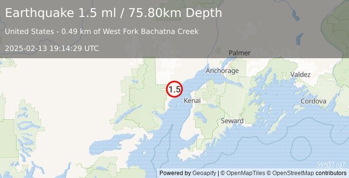 Earthquake 44 km WNW of Nikiski, Alaska (1.5 ml) (2025-02-13 19:14:29 UTC)