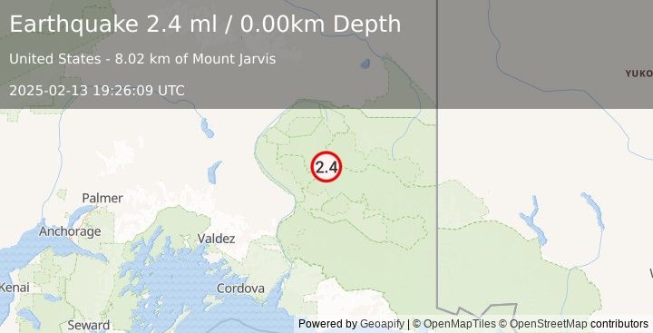 Earthquake 57 km SW of Nabesna, Alaska (2.4 ml) (2025-02-13 19:26:09 UTC)