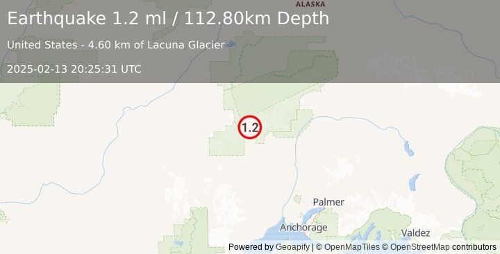 Earthquake 48 km WNW of Petersville, Alaska (1.2 ml) (2025-02-13 20:25:31 UTC)