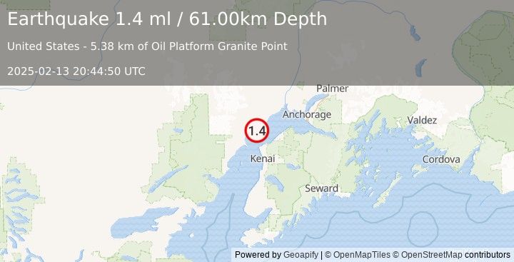 Earthquake 19 km SW of Tyonek, Alaska (1.4 ml) (2025-02-13 20:44:50 UTC)