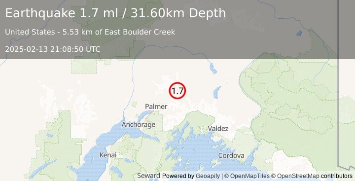 Earthquake 22 km NE of Chickaloon, Alaska (1.7 ml) (2025-02-13 21:08:50 UTC)