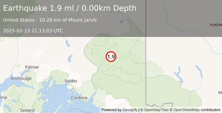 Earthquake 52 km SSW of Nabesna, Alaska (1.9 ml) (2025-02-13 21:13:03 UTC)