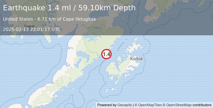 Earthquake 46 km NNW of Karluk, Alaska (1.4 ml) (2025-02-13 22:01:17 UTC)