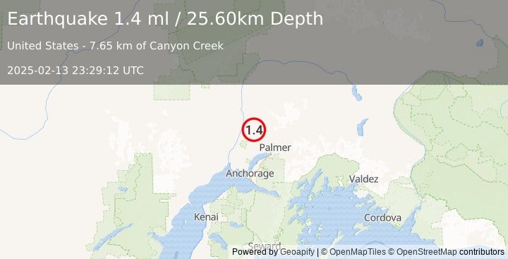 Earthquake 19 km NE of Willow, Alaska (1.4 ml) (2025-02-13 23:29:12 UTC)