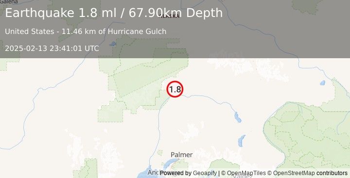 Earthquake 51 km SSW of Cantwell, Alaska (1.8 ml) (2025-02-13 23:41:01 UTC)