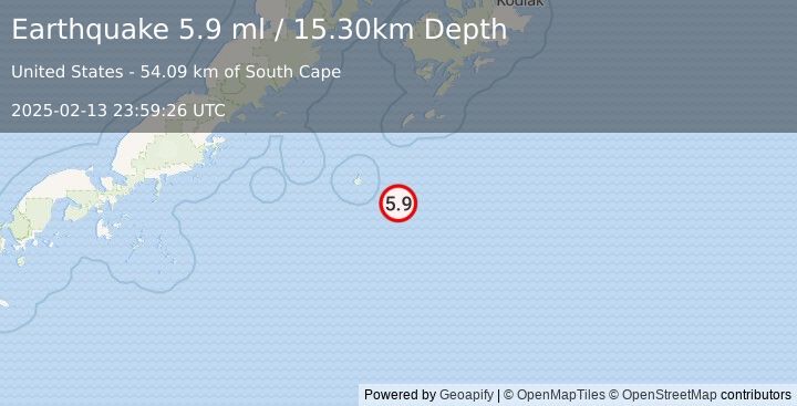 Earthquake 154 km SSW of Akhiok, Alaska (5.8 mww) (2025-02-13 23:59:27 UTC)