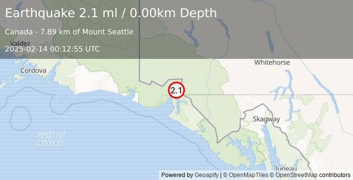 Earthquake 65 km NNE of Yakutat, Alaska (2.1 ml) (2025-02-14 00:12:55 UTC)