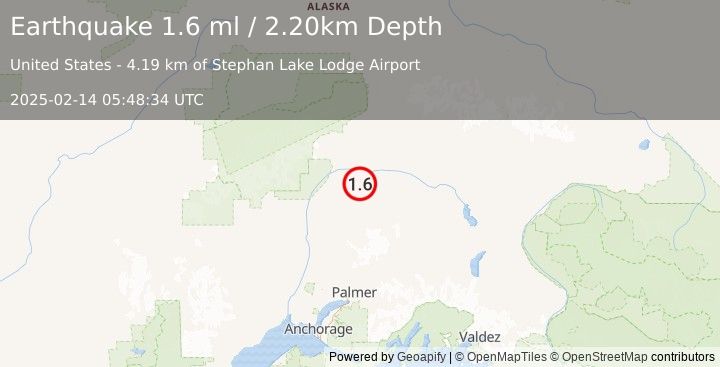 Earthquake 64 km ENE of Chase, Alaska (1.6 ml) (2025-02-14 05:48:34 UTC)