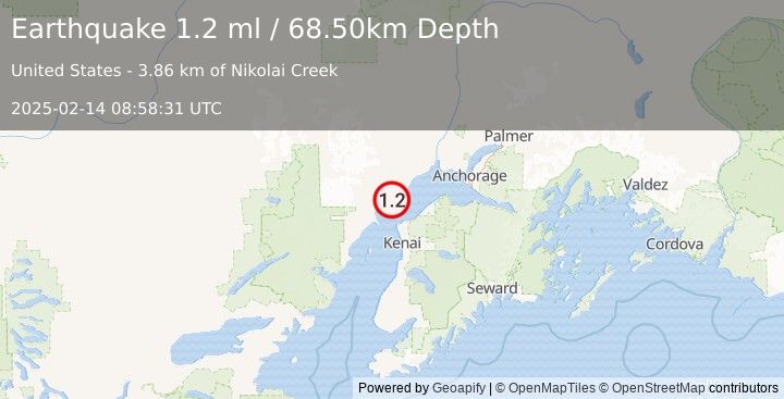 Earthquake 20 km WSW of Tyonek, Alaska (1.2 ml) (2025-02-14 08:58:31 UTC)