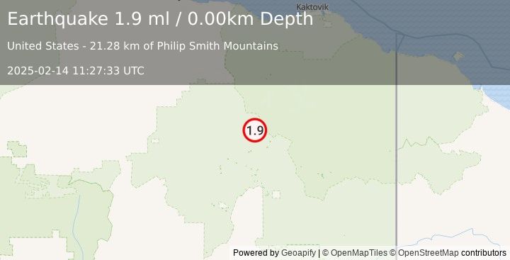 Earthquake 73 km N of Arctic Village, Alaska (1.9 ml) (2025-02-14 11:27:33 UTC)