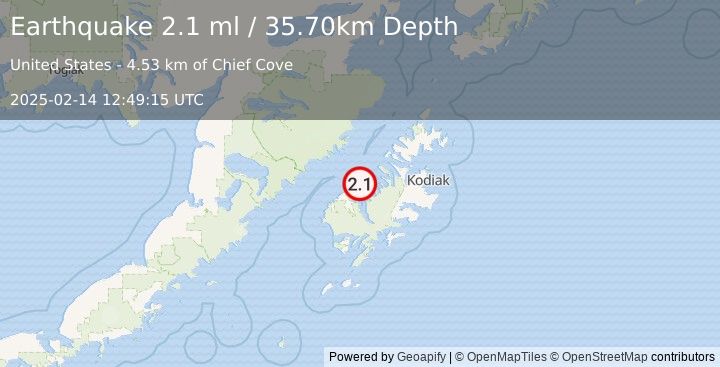 Earthquake 23 km N of Larsen Bay, Alaska (2.1 ml) (2025-02-14 12:49:15 UTC)