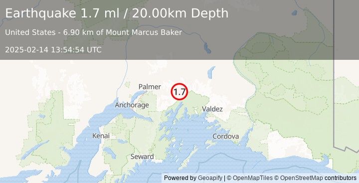 Earthquake 35 km SSW of Glacier View, Alaska (1.7 ml) (2025-02-14 13:54:54 UTC)