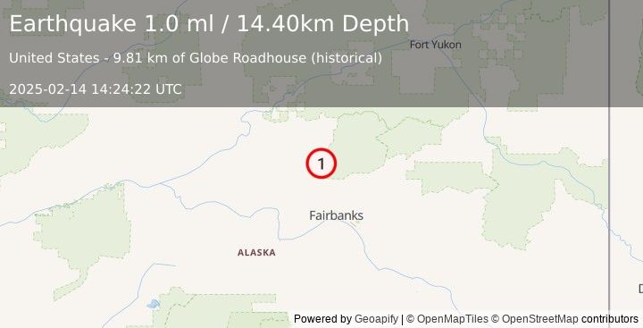 Earthquake 27 km SE of Livengood, Alaska (1.0 ml) (2025-02-14 14:24:22 UTC)