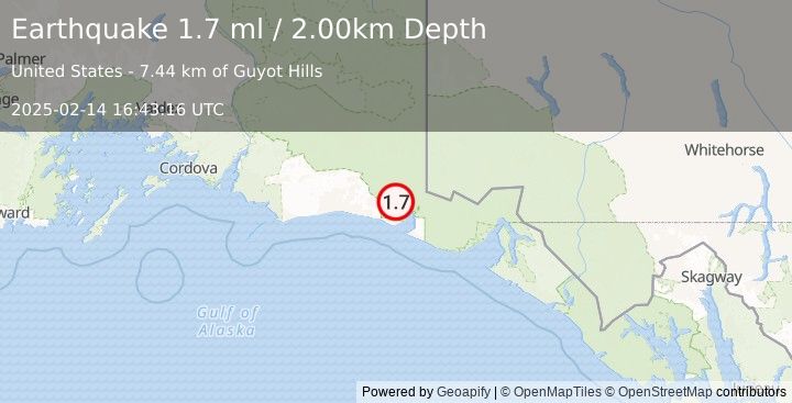 Earthquake 128 km NW of Yakutat, Alaska (1.7 ml) (2025-02-14 16:43:16 UTC)