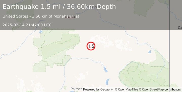 Earthquake 56 km E of Cantwell, Alaska (1.5 ml) (2025-02-14 21:47:00 UTC)