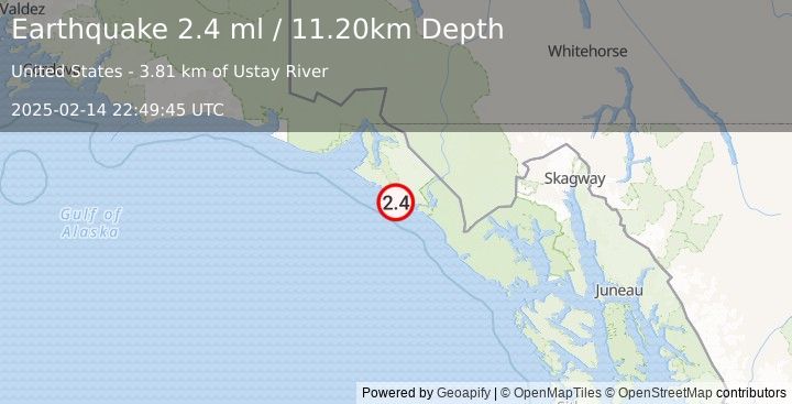 Earthquake 60 km SE of Yakutat, Alaska (2.4 ml) (2025-02-14 22:49:45 UTC)