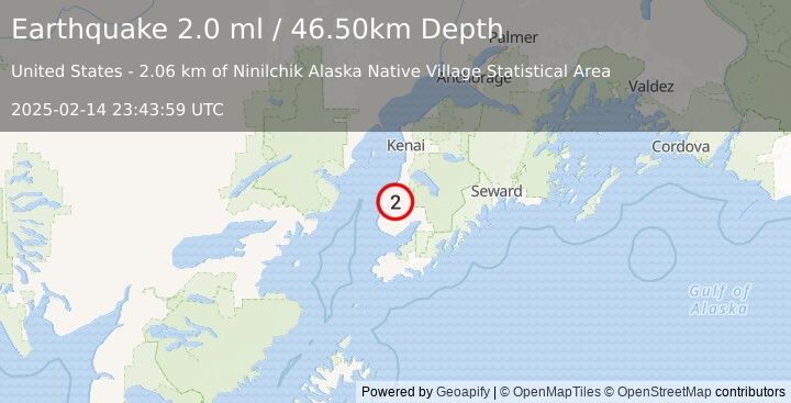 Earthquake 12 km ESE of Ninilchik, Alaska (2.0 ml) (2025-02-14 23:43:59 UTC)