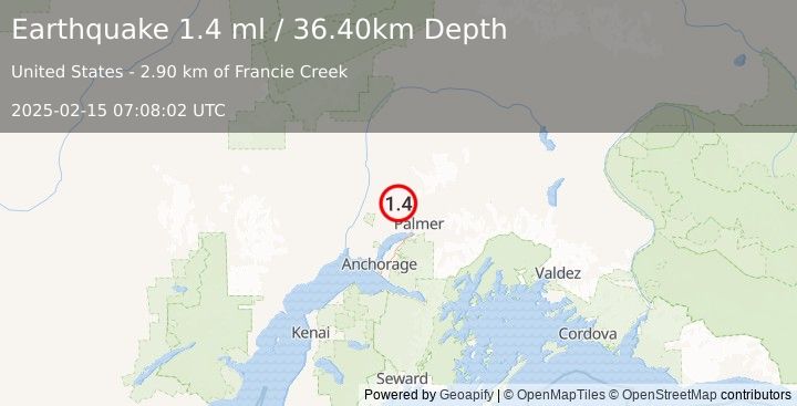 Earthquake 15 km WNW of Fishhook, Alaska (1.4 ml) (2025-02-15 07:08:02 UTC)