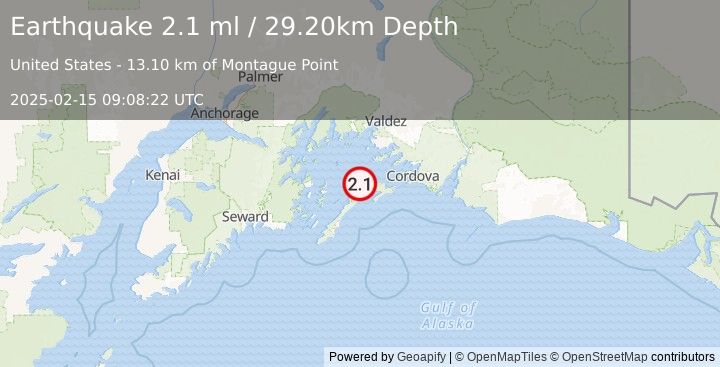 Earthquake 47 km SSW of Tatitlek, Alaska (2.1 ml) (2025-02-15 09:08:22 UTC)