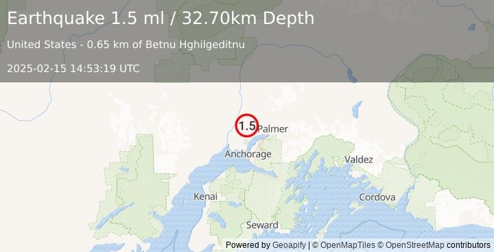 Earthquake 6 km W of Houston, Alaska (1.5 ml) (2025-02-15 14:53:19 UTC)