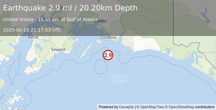 Earthquake 72 km S of Cordova, Alaska (2.9 ml) (2025-02-15 21:17:53 UTC)