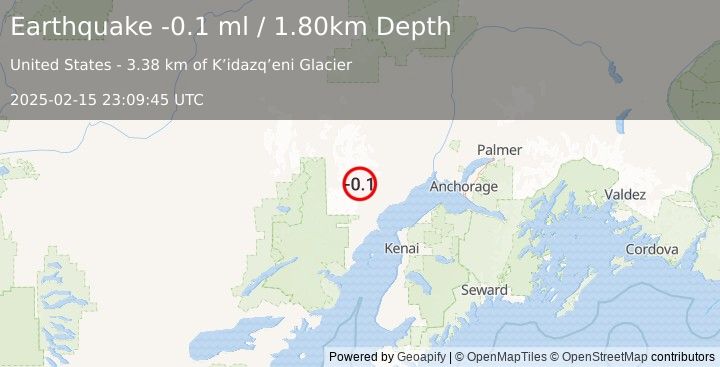 Earthquake 59 km WNW of Tyonek, Alaska (-0.1 ml) (2025-02-15 23:09:45 UTC)