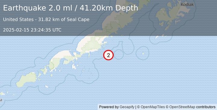 Earthquake 62 km SSE of Chignik, Alaska (2.0 ml) (2025-02-15 23:24:35 UTC)