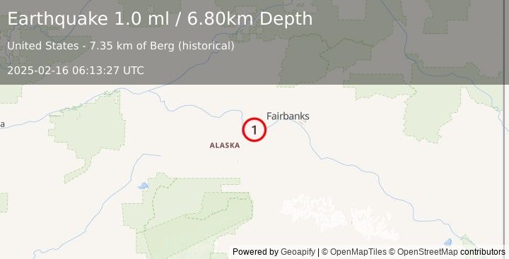 Earthquake 18 km ENE of Four Mile Road, Alaska (1.0 ml) (2025-02-16 06:13:27 UTC)