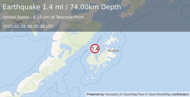 Earthquake 37 km N of Larsen Bay, Alaska (1.4 ml) (2025-02-16 08:20:26 UTC)