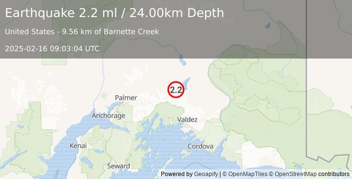 Earthquake 24 km SE of Eureka Roadhouse, Alaska (2.2 ml) (2025-02-16 09:03:04 UTC)