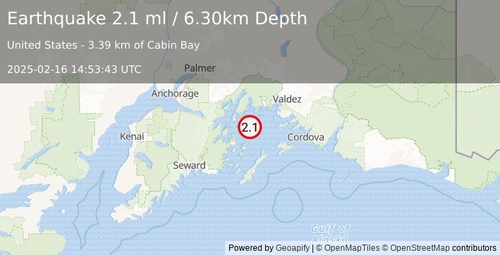 Earthquake 50 km WSW of Tatitlek, Alaska (2.1 ml) (2025-02-16 14:53:43 UTC)