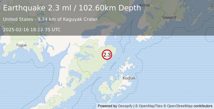 Earthquake 92 km SSE of Kokhanok, Alaska (2.3 ml) (2025-02-16 18:12:35 UTC)