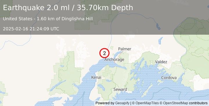 Earthquake 12 km SSW of Susitna, Alaska (2.0 ml) (2025-02-16 21:24:09 UTC)