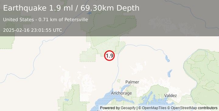 Earthquake 0 km ENE of Petersville, Alaska (1.9 ml) (2025-02-16 23:01:55 UTC)