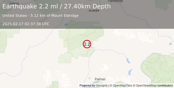 Earthquake 70 km NNE of Petersville, Alaska (2.2 ml) (2025-02-17 02:37:38 UTC)