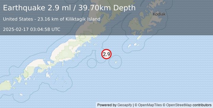 Earthquake 130 km E of Chignik, Alaska (2.9 ml) (2025-02-17 03:04:58 UTC)